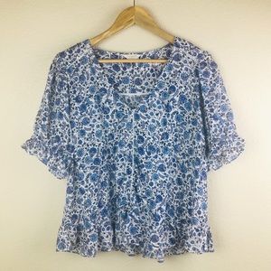 Lucky Brand Floral Ruffle Blue White Top Large
